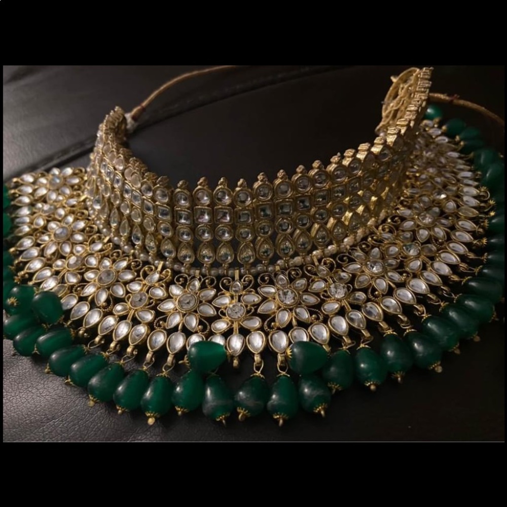 Indian Kundan Choker Necklace Set with Earrings - Semi Precious Stones